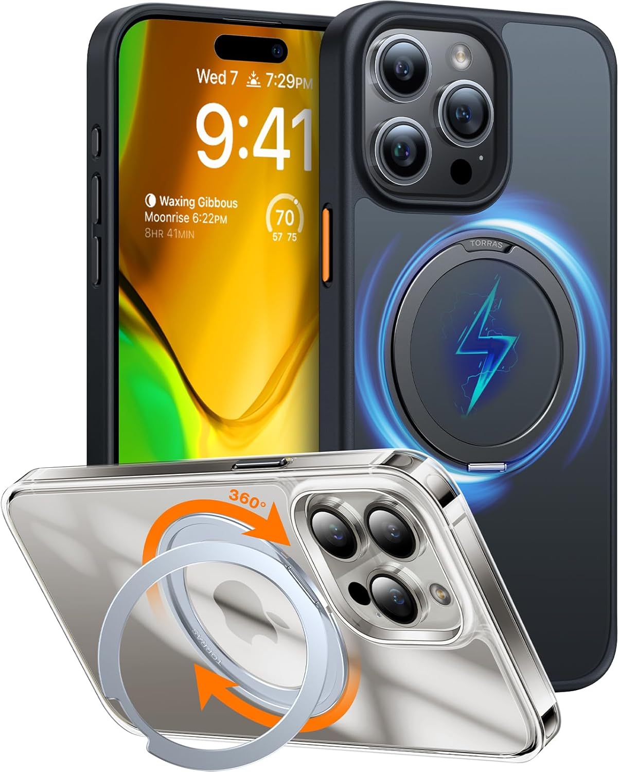 TORRAS 360Rotatable Ring for iPhone 15 Pro Case - Slim & Shockproof
