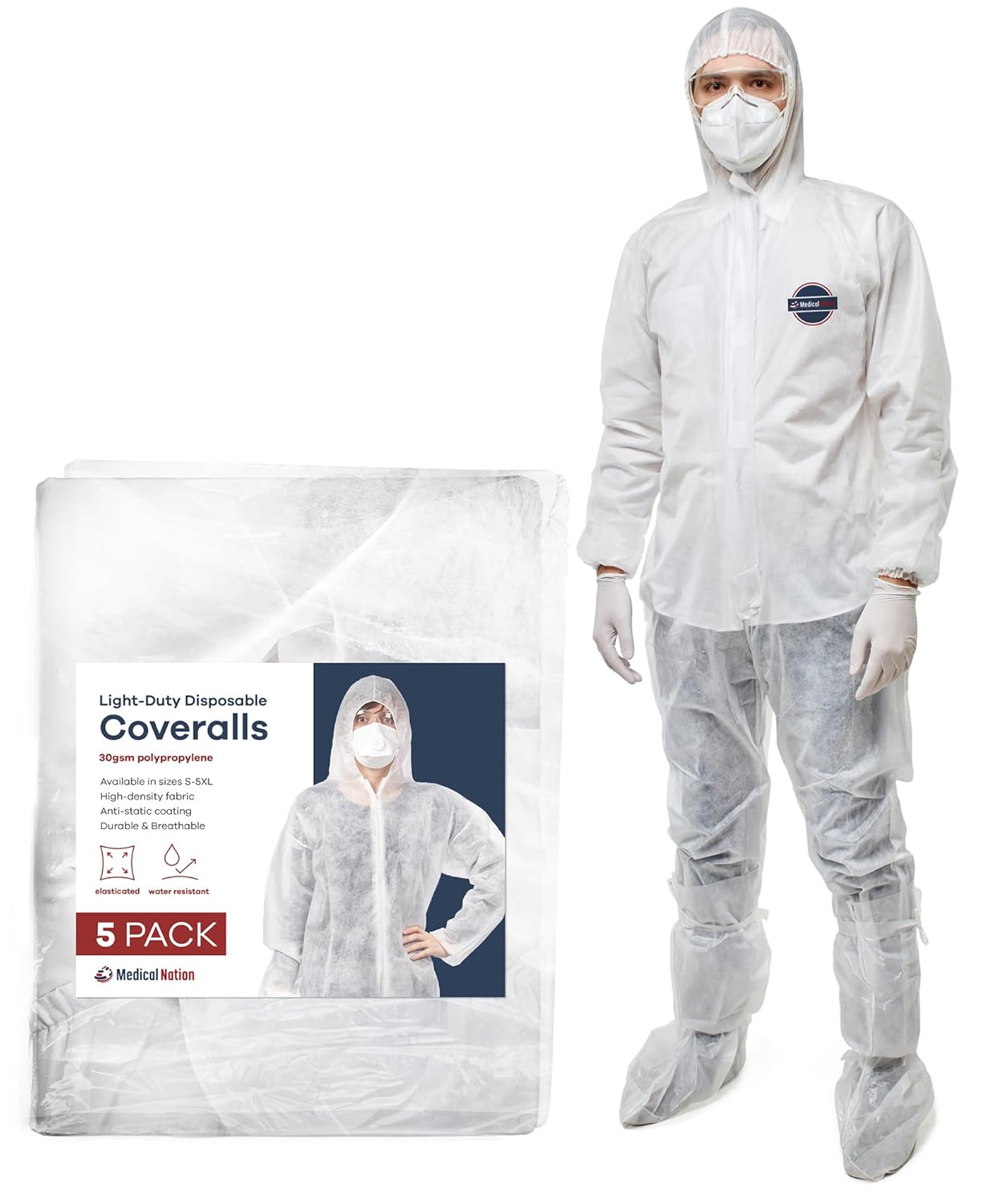 Hazmat Suits Disposable for Men & Women - 5 Pack Light Duty