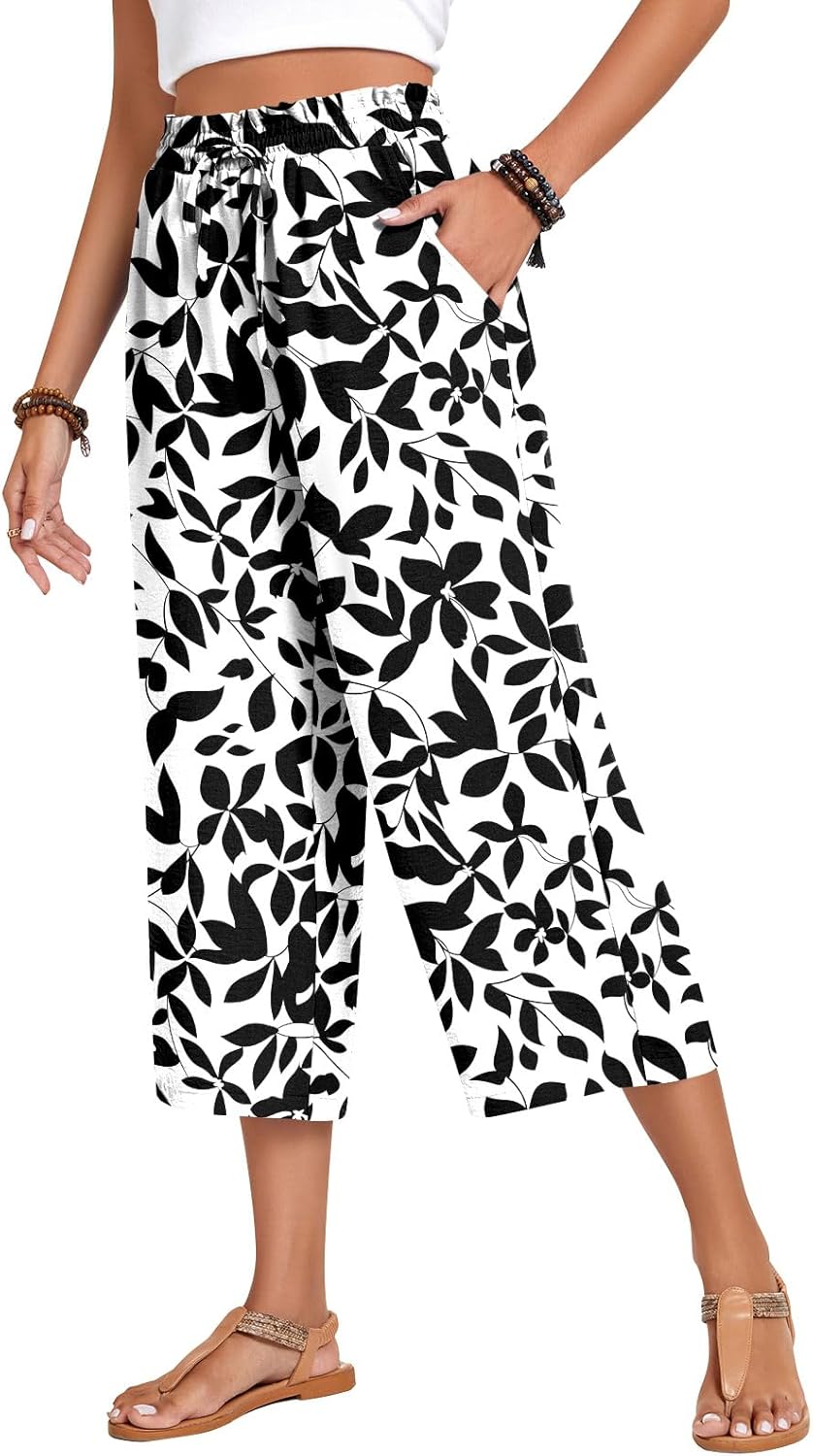 Anyhold Women's Capri Pants: Casual Palazzo Trousers with Pockets