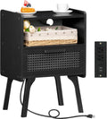 Rattan Nightstand with Charging Station - Black Mid Century Nightstand