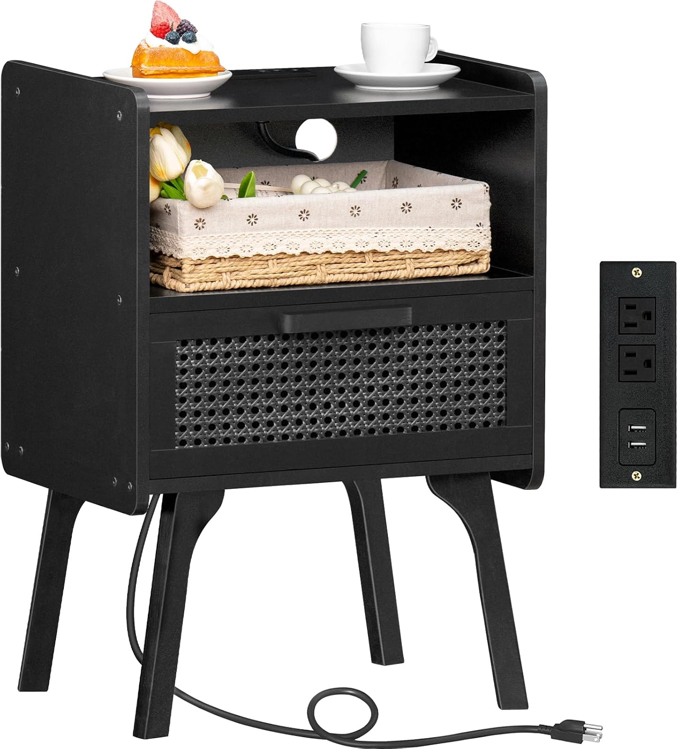 Stylish Black Rattan Nightstand with Charging Station for Home