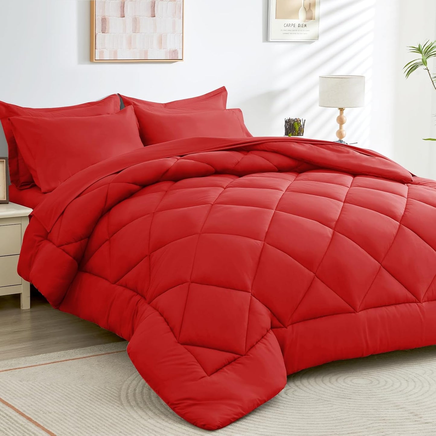 HEVUMYI Red King Comforter Set - Luxurious 7-Piece Bedding
