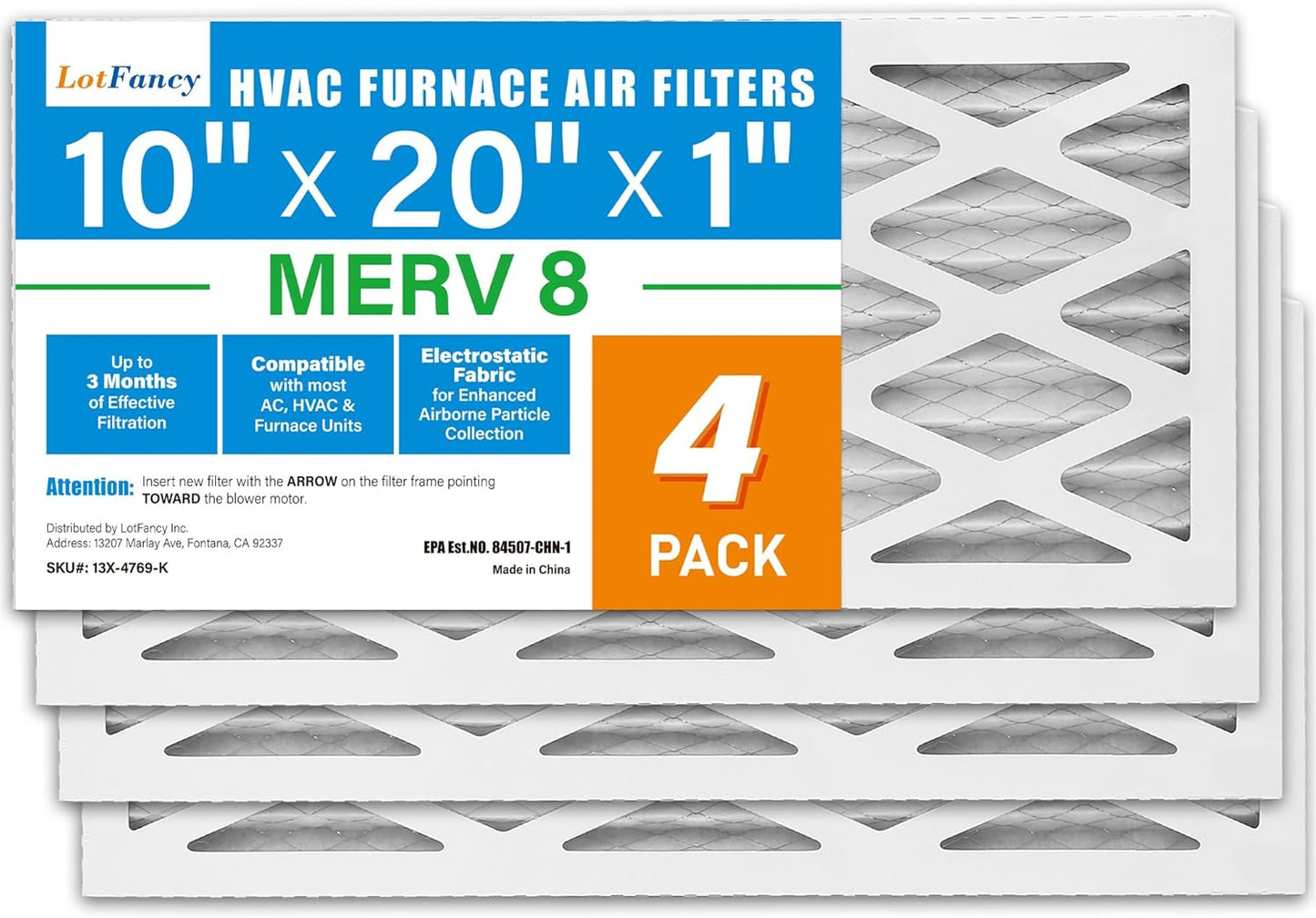 LotFancy 10x20x1 Air Filter MERV 8 4-Pack for Clean Air
