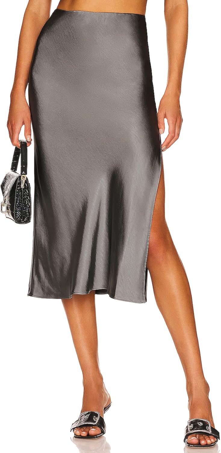 Womens Satin Silk High Waist Slit Midi Skirt for Every Occasion
