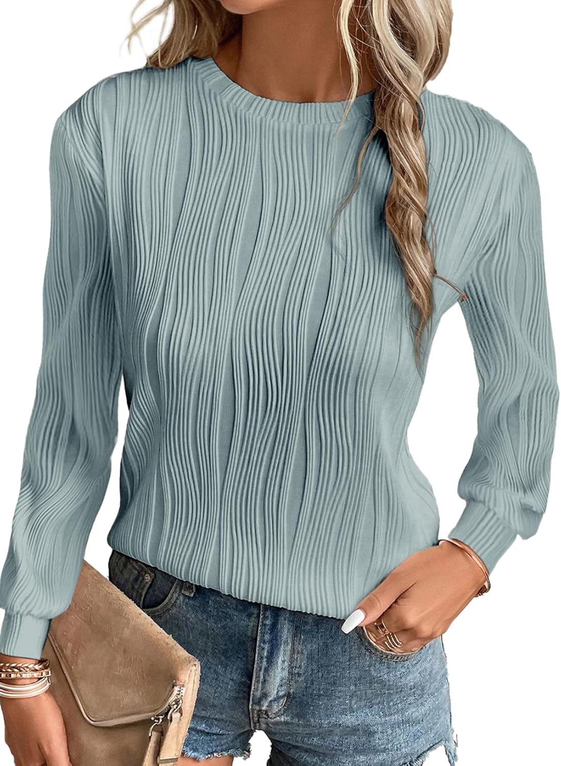 Trendy Dressy Casual Long Sleeve Crewneck Tops for Women