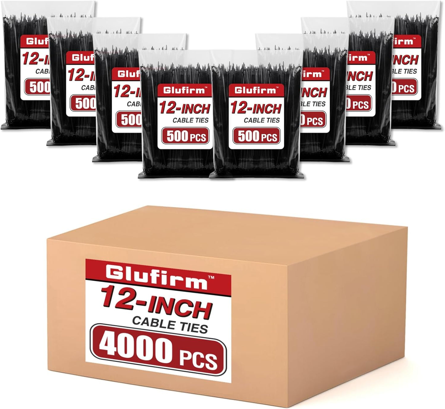 4000 Pack 12 Zip Ties, 85 lb Strength, 1.7X Stronger, Glufirm