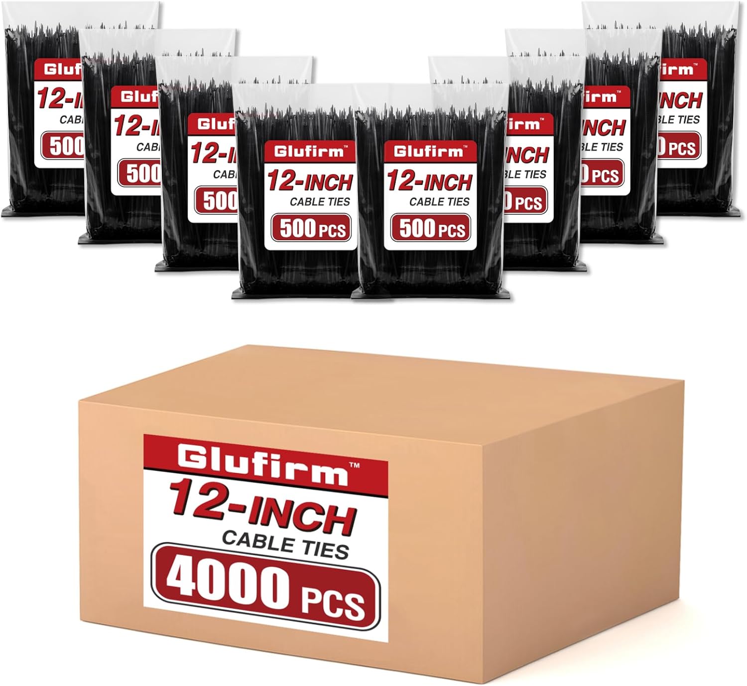 4000 Pack 12 Zip Ties, 85 lb Strength, 1.7X Stronger, Glufirm