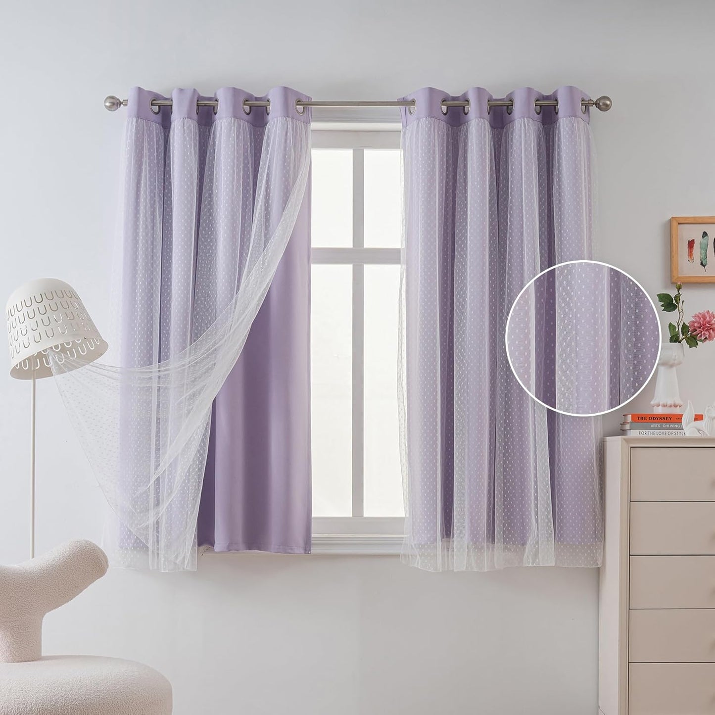 Cute Lilac Curtains for Girls Bedroom with Polka Dots Design