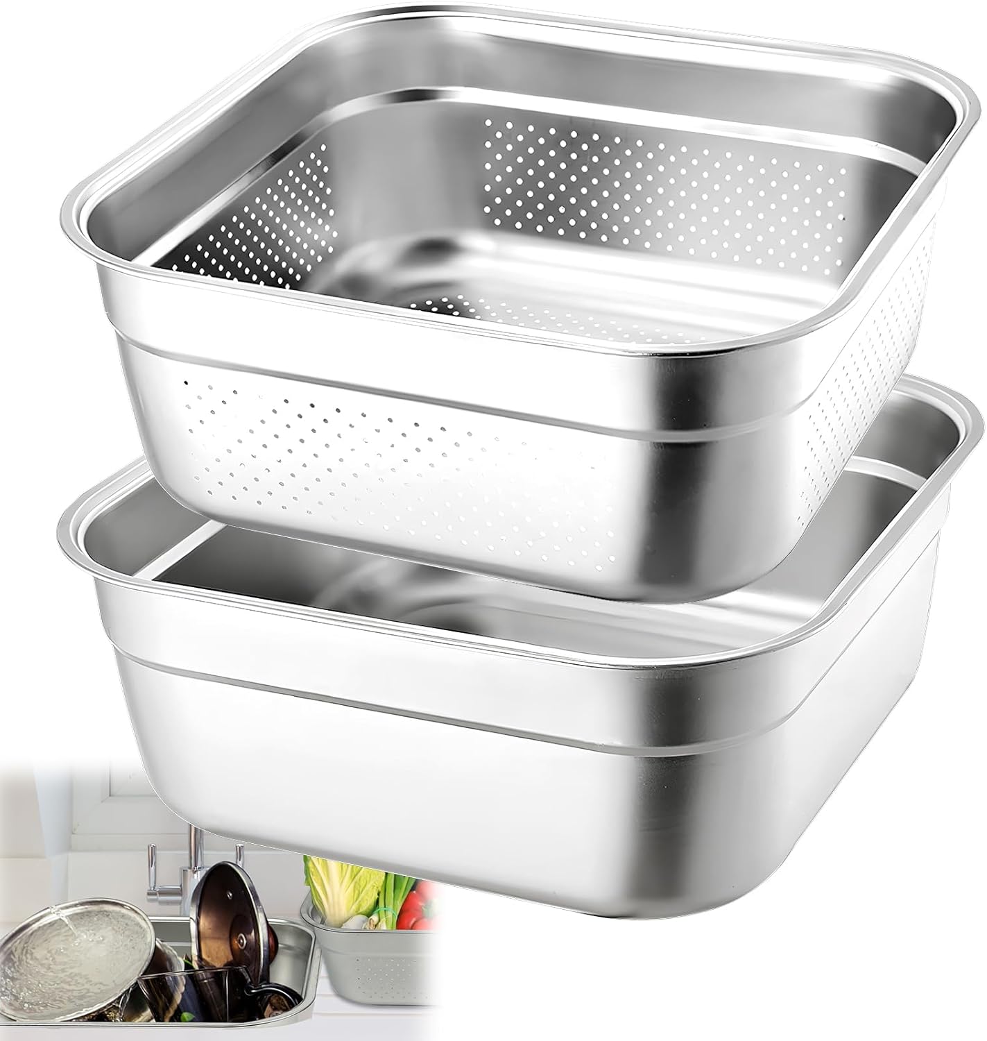 Stainless Steel 2-in-1 Dish Tub Set - Drains & Washes Effortlessly
