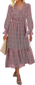 Women's Long Sleeve Wrap V Neck Maxi Dress - Flowy A-Line with Belt