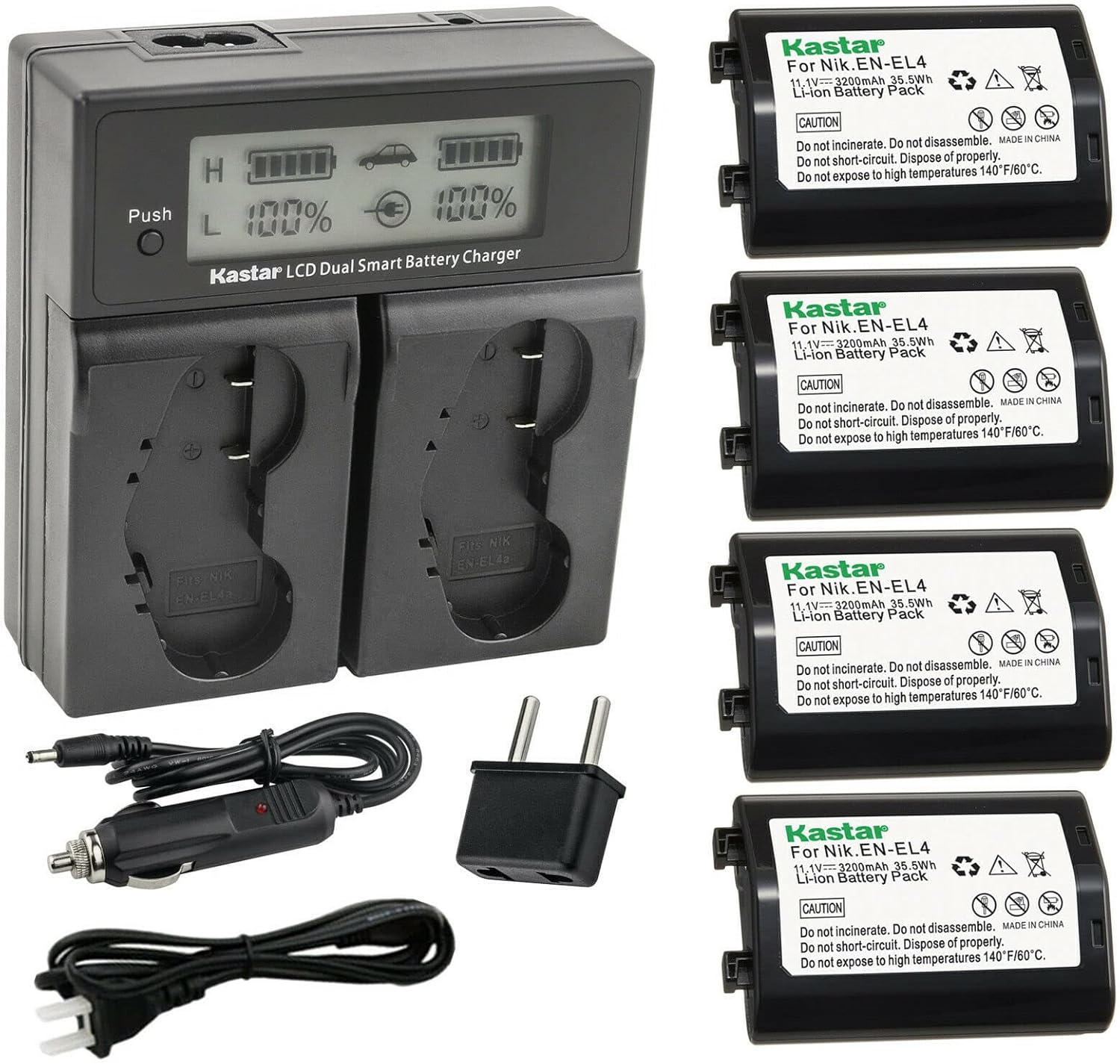 Kastar 4-Pack EN-EL4a Battery and Dual Fast Charger for Nikon