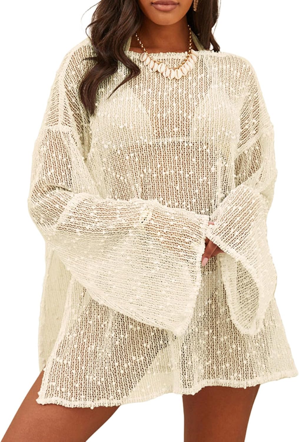Lilosy Sexy Crochet Sheer Kaftan Beach Dress Swim Coverup