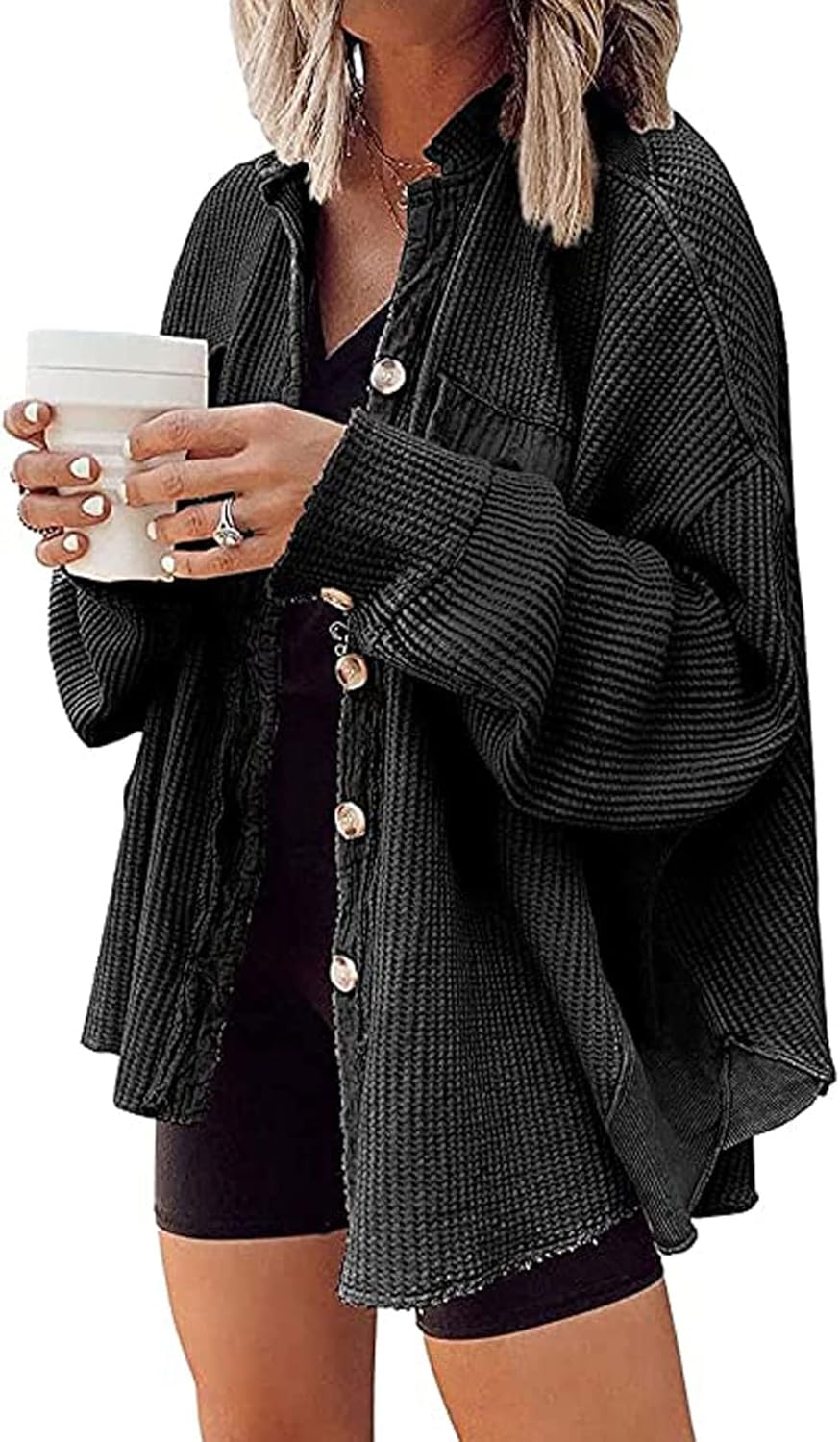 Oversized Waffle Knit Shirt Women Fall Shacket for Style
