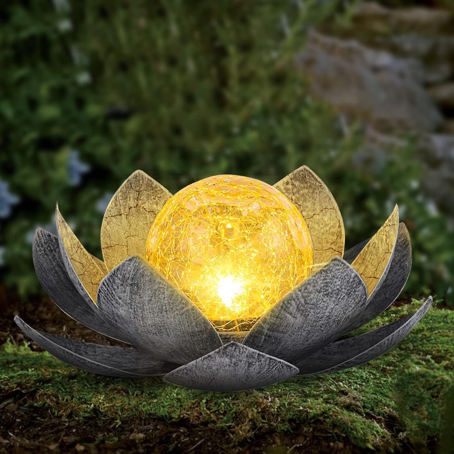 Garden Solar Light Outdoor Amber Crackle Globe Lotus 2Pack