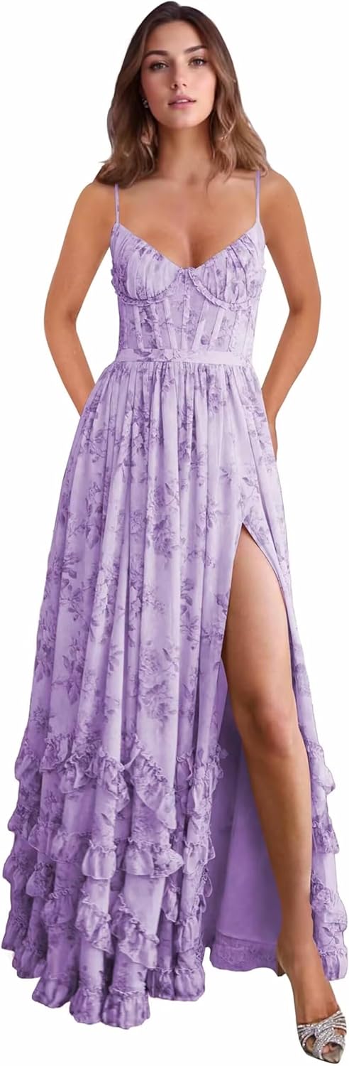 Floral Printed Ruffle Bridesmaid Dress with Slit Spaghetti Straps