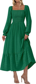 Women Maxi Fall Dress Square Neck Smocked Bodice - Boho Pocketed