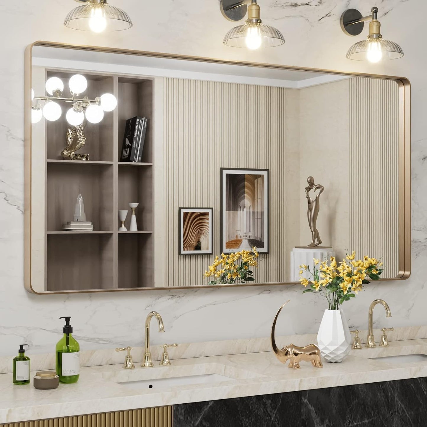 60X30 Gold Bathroom Mirror with Rounded Rectangle Frame Design