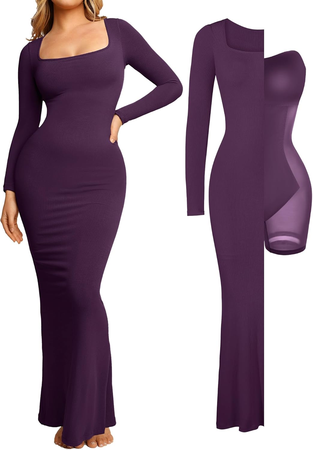 Popilush Women's Long Sleeve Maxi Dress with Built-in Shapewear