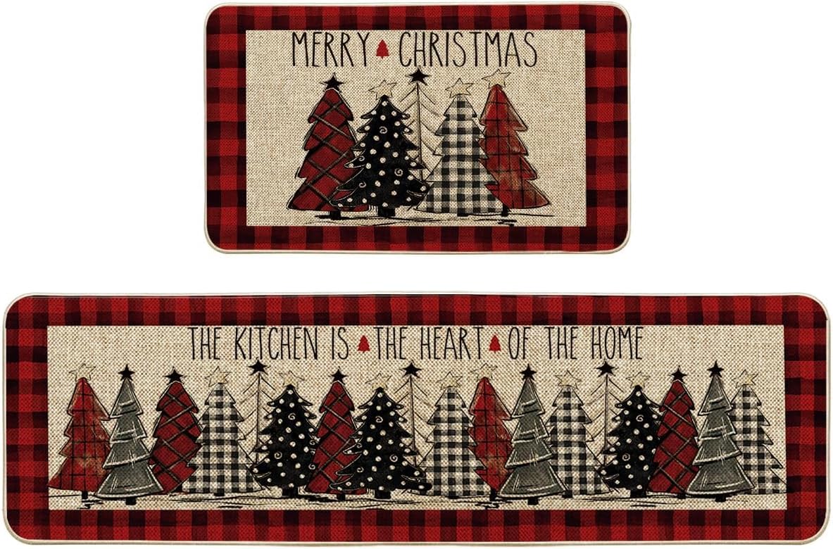 Red Buffalo Plaid Kitchen Mats Set of 2 for Merry Christmas Decor
