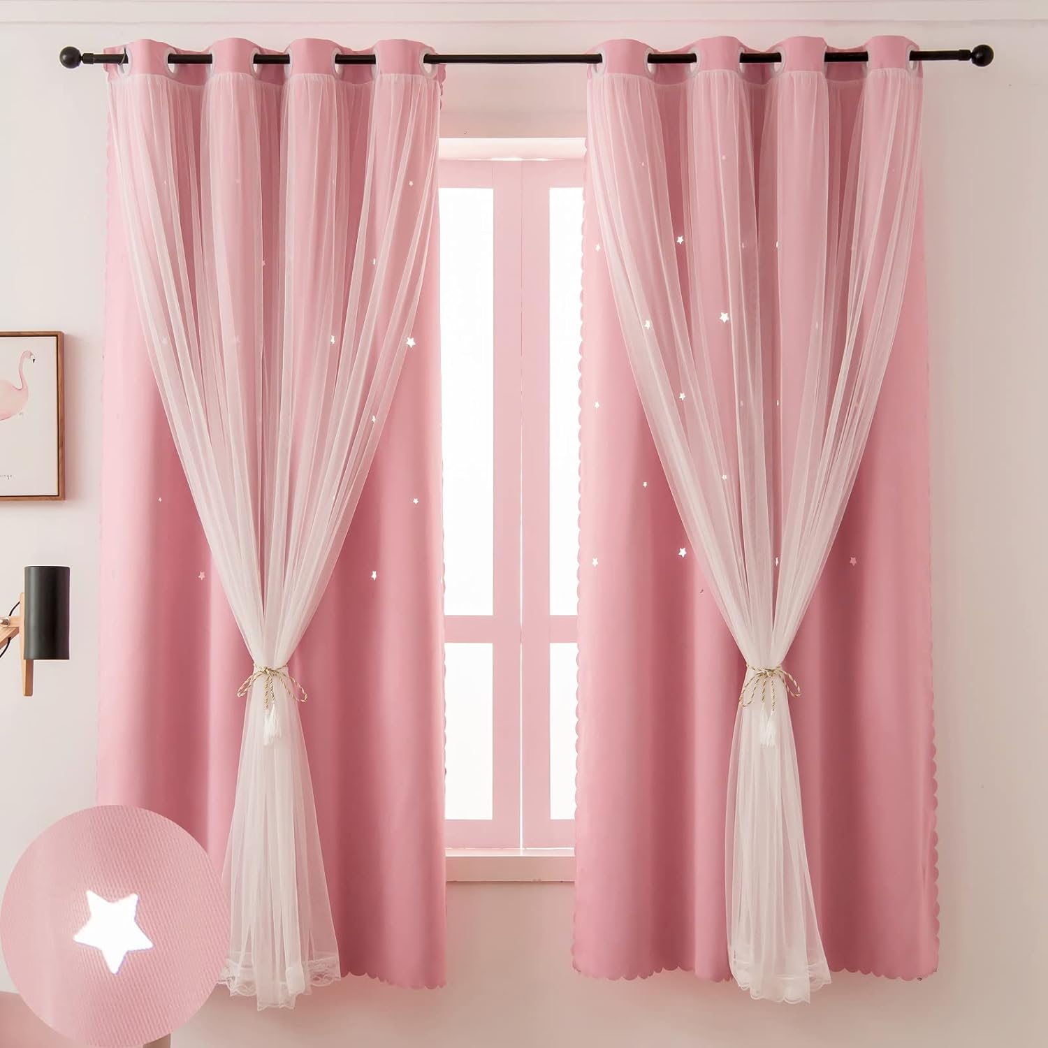 Kids Pink Blackout Curtains with Cutout Stars - 63 Inch Length