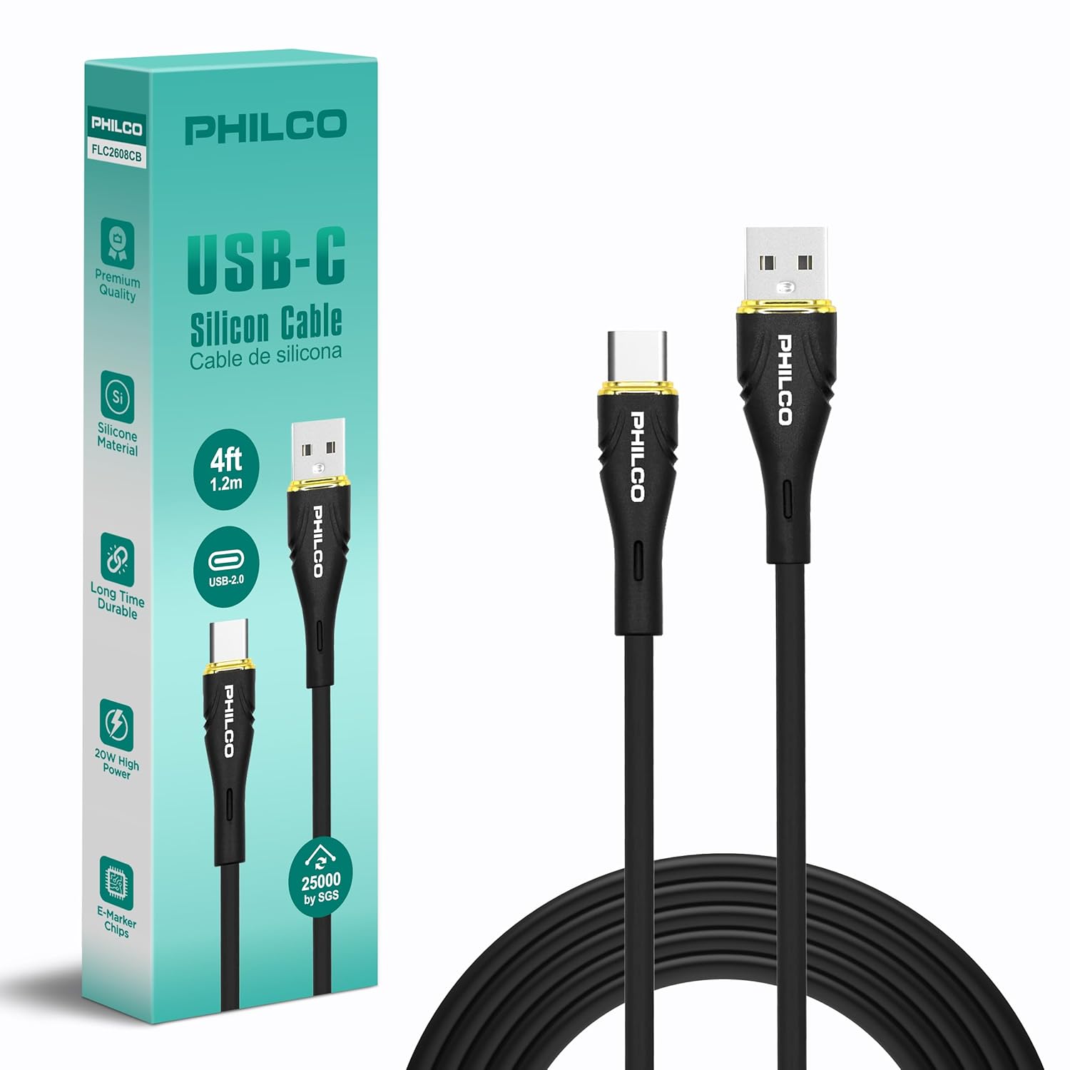 Philco 20W Type C Fast Charge Cable - Tangle-Free 4FT