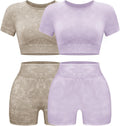 Womens Acid Wash Workout Set - Seamless Shorts & Crop Top