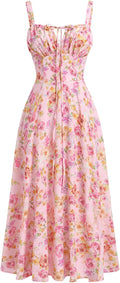 Floral Corset Midi Dress with Spaghetti Straps - Flattering Boho Fit