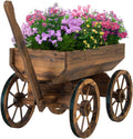 Wood Wagon Planter for Outdoor Balcony Decor - Rustic Flower Cart