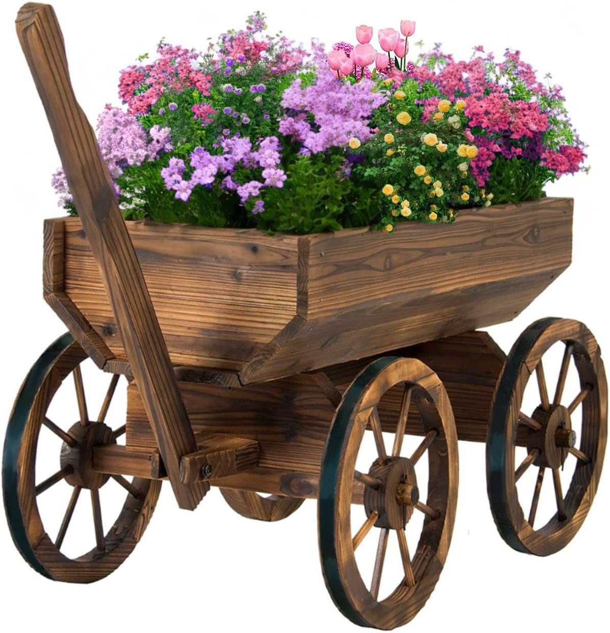 Wood Wagon Planter for Outdoor Balcony Decor - Rustic Flower Cart