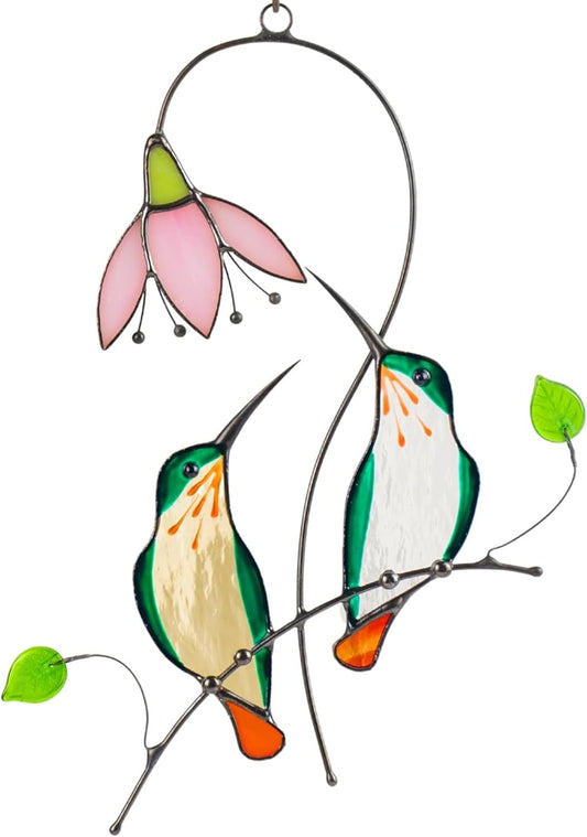 Handmade Stained Glass Suncatcher with Two Hummingbirds Design