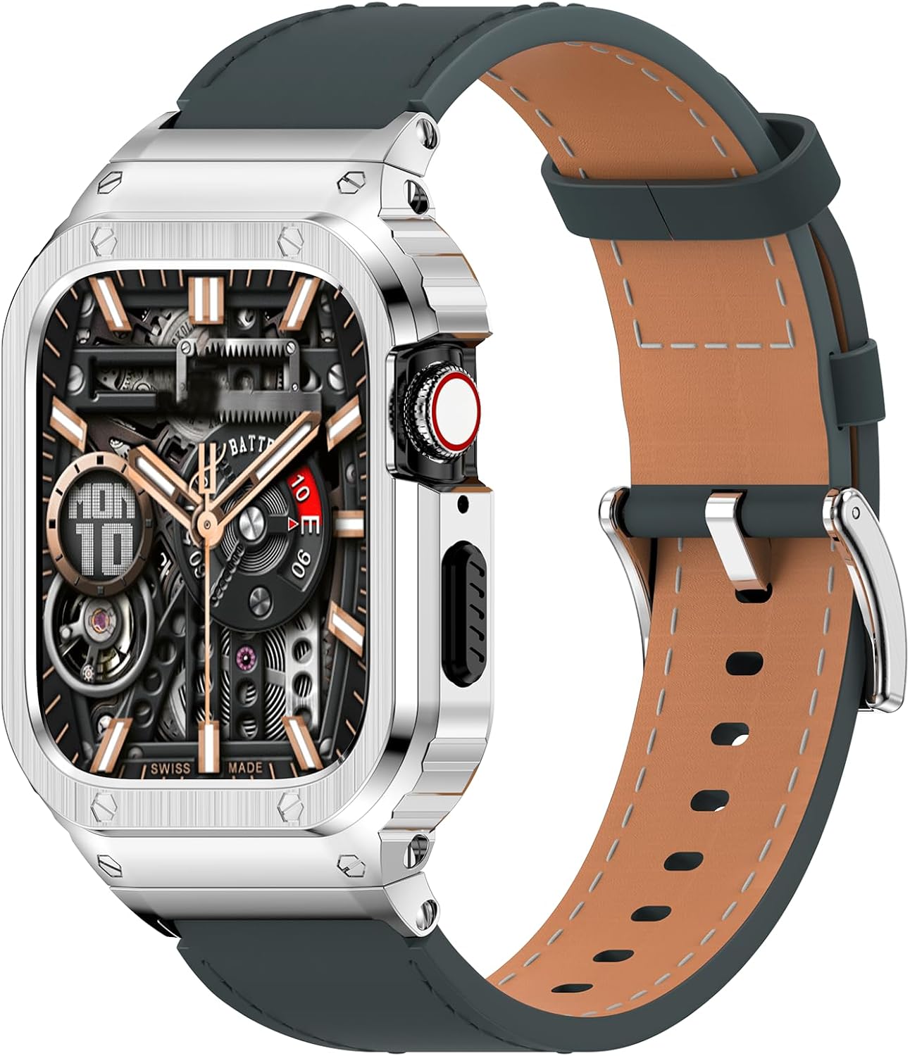 SUPLINK Leather Band with Stainless Steel Case for Apple Watch