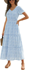 Womens 2025 Long Summer Floral Maxi Dress - Smocked V Neck