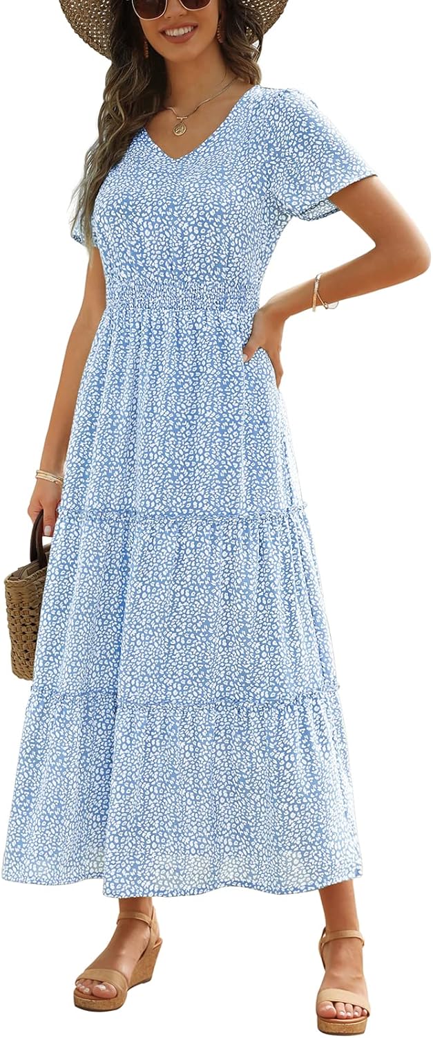 Zattcas Womens Long Summer Dress with Flutter Sleeves and V Neck