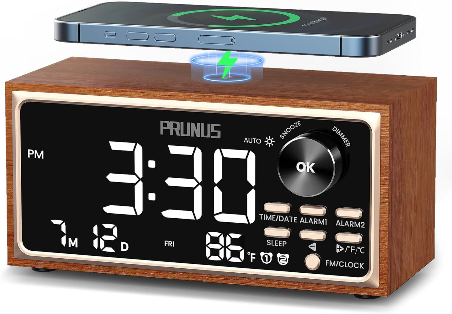 PRUNUS J-177 Retro Vintage Alarm Clock Radio with Wireless Charging