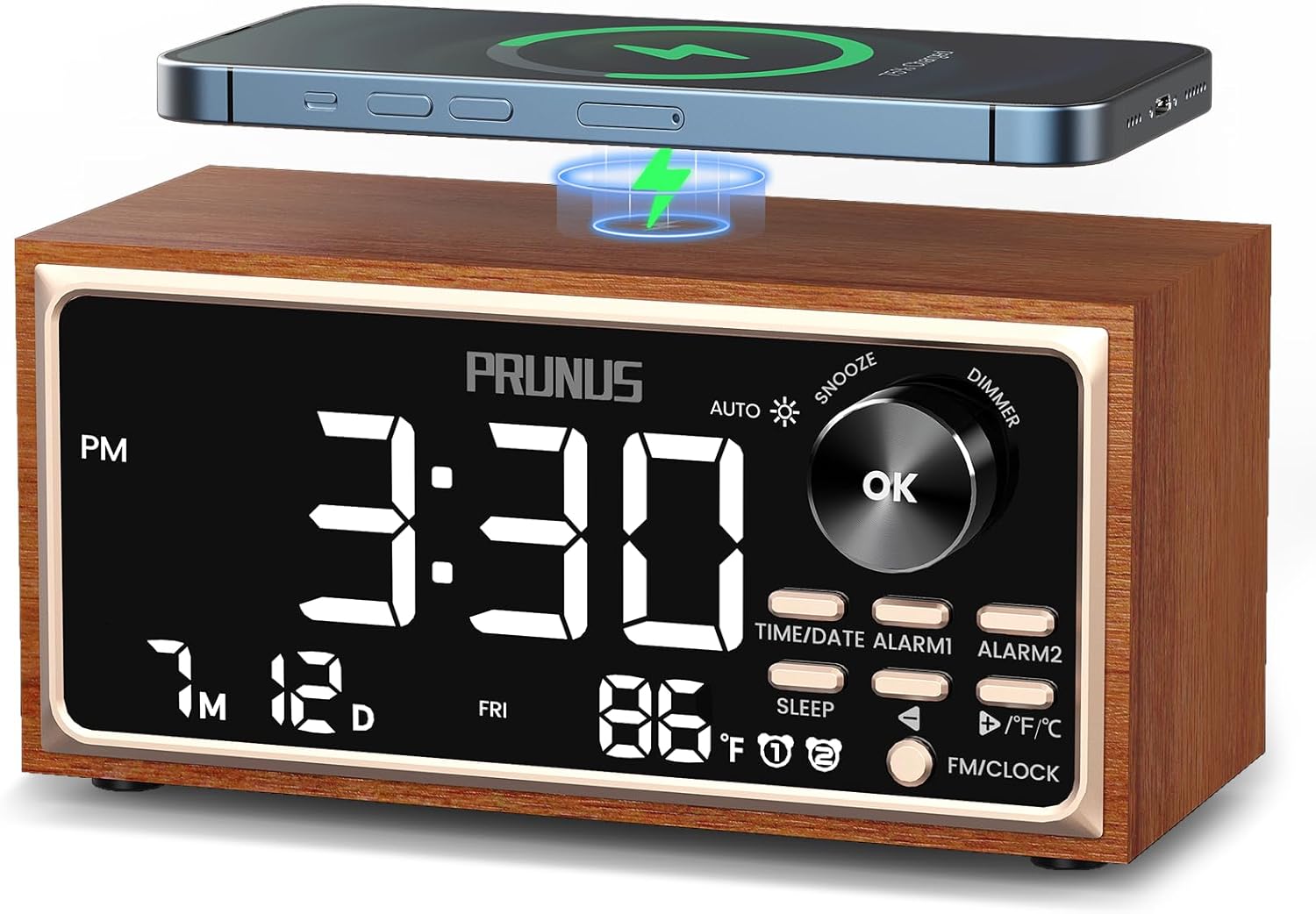PRUNUS J-177 Retro Vintage Alarm Clock Radio with Wireless Charging