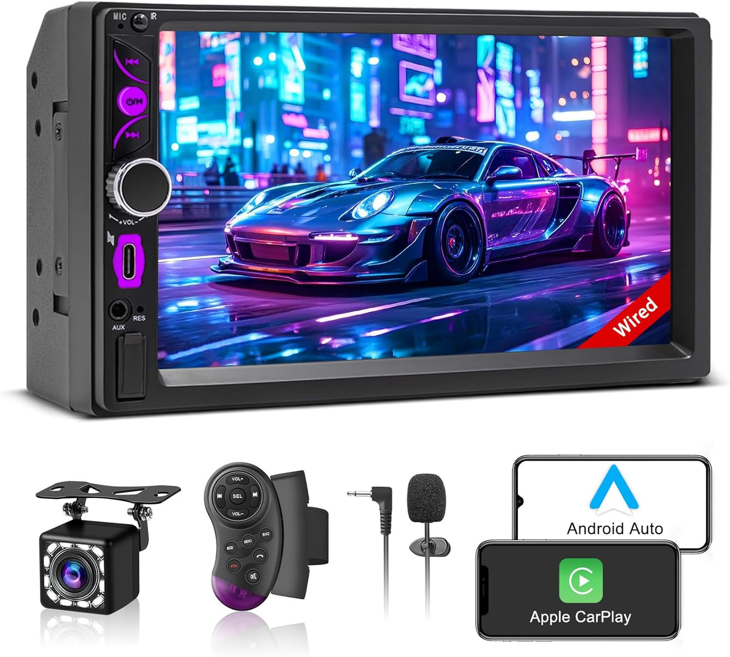 7 Inch Wired Double Din Car Stereo with CarPlay and Backup Camera