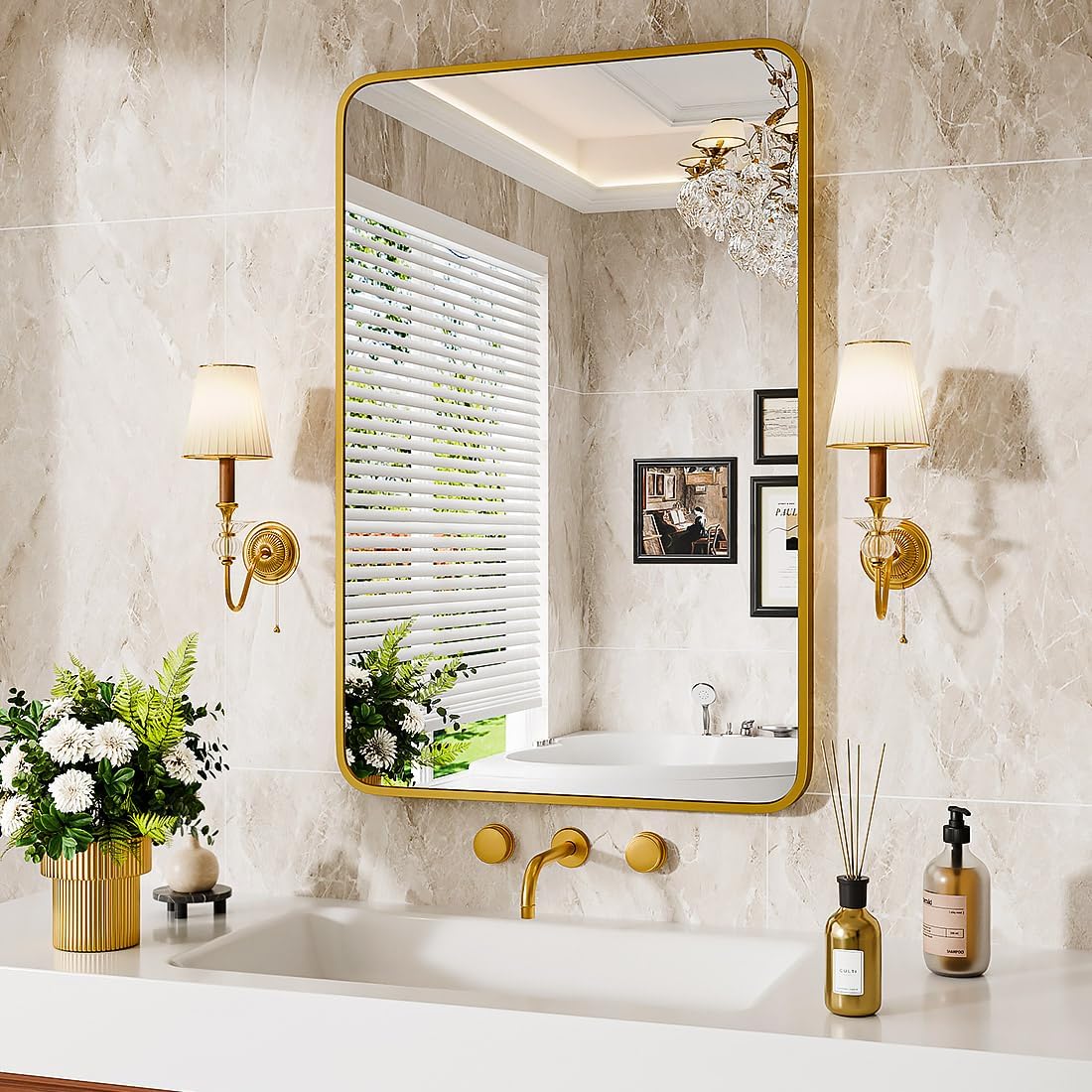Gold Metal Framed Bathroom Mirror by PIUDOC - 30X22 Inch