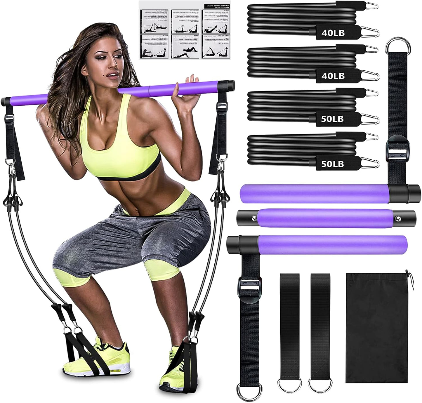 Pilates Bar Kit with Resistance Bands for Home Fitness Workouts