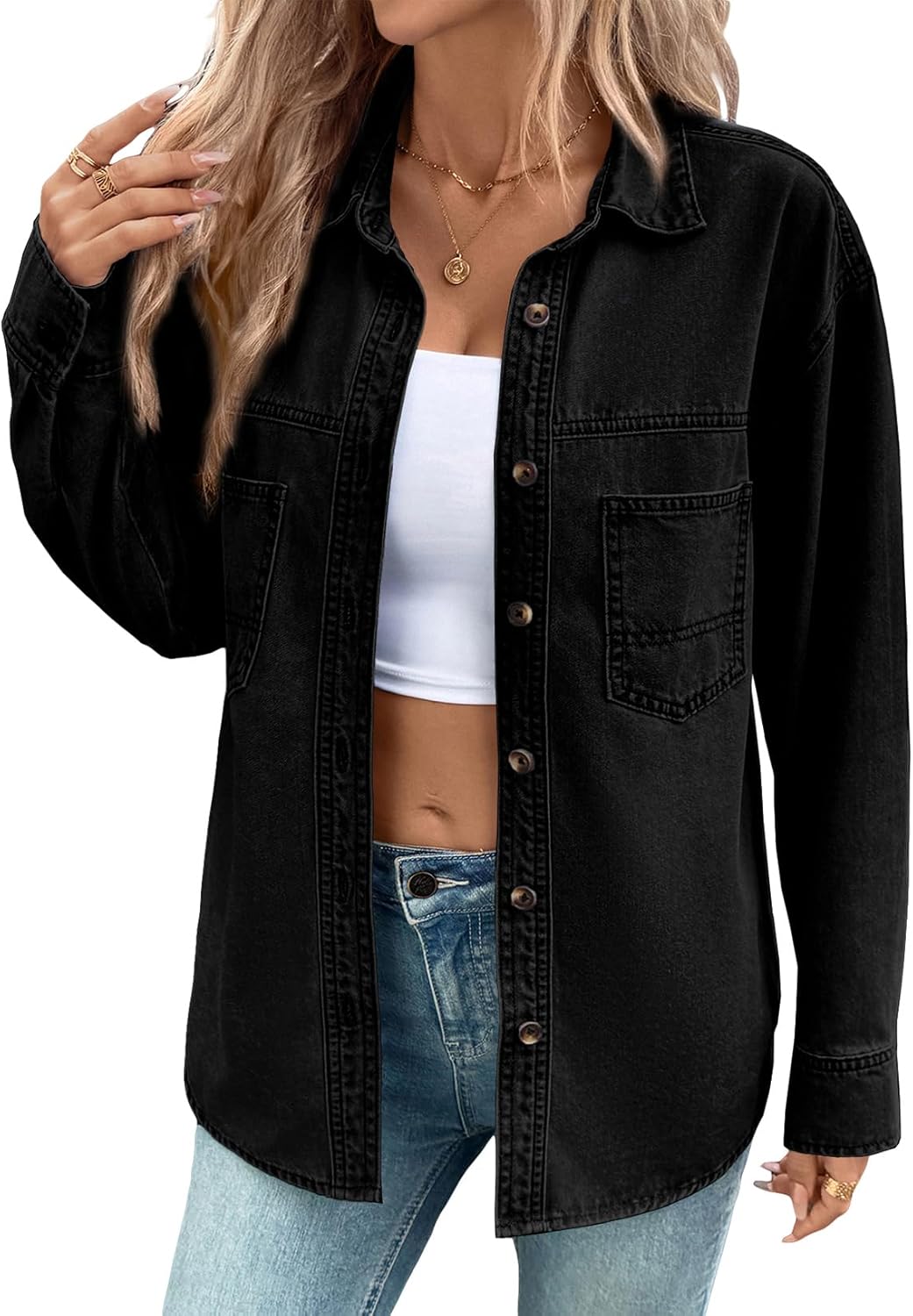 Sidefeel Women Denim Shirts Oversized Long Sleeve Blouse