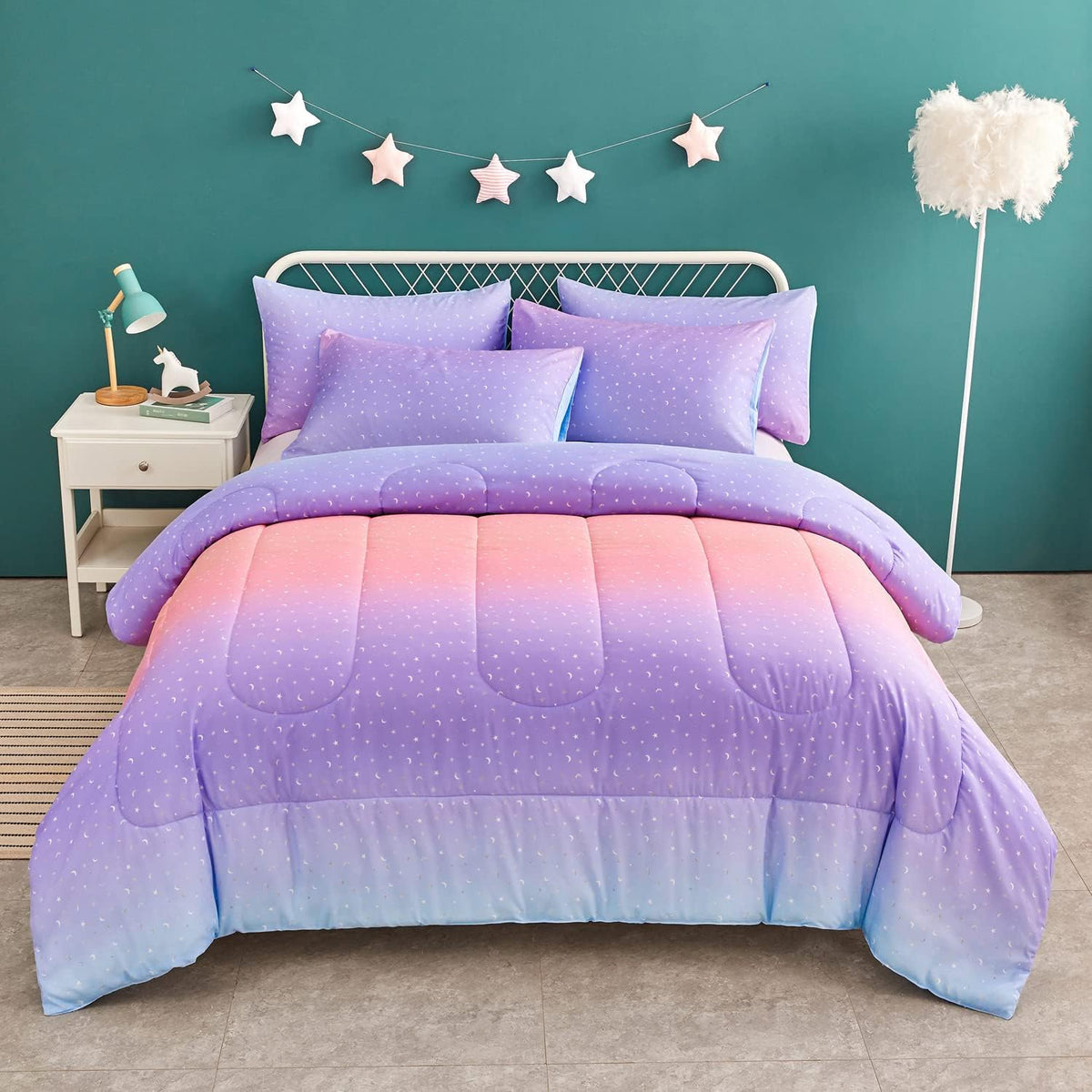 Yogeneg Pink Glitter Rainbow Kids Comforter Set for All Seasons