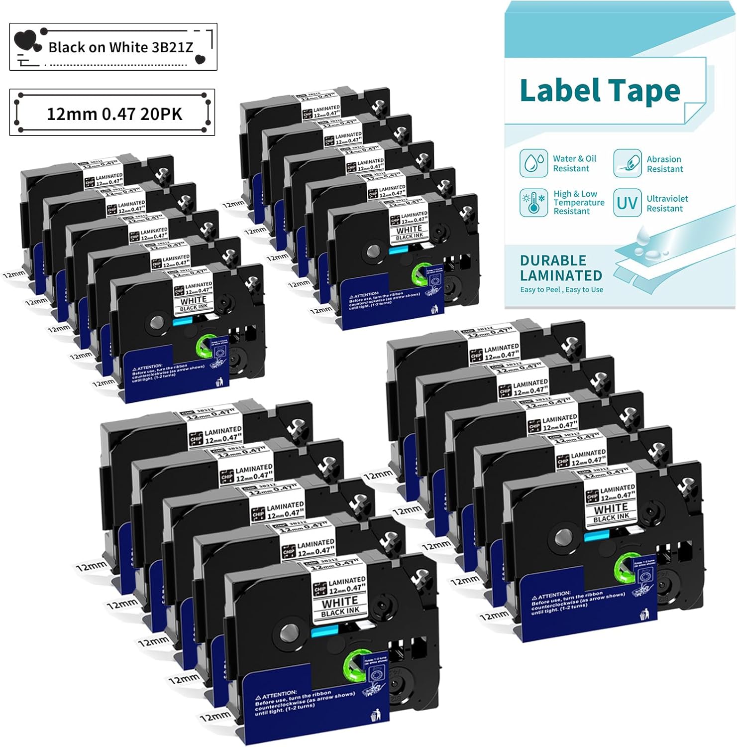 20PK Tz Tape 12mm 0.47 Laminated White for Brother Label Makers