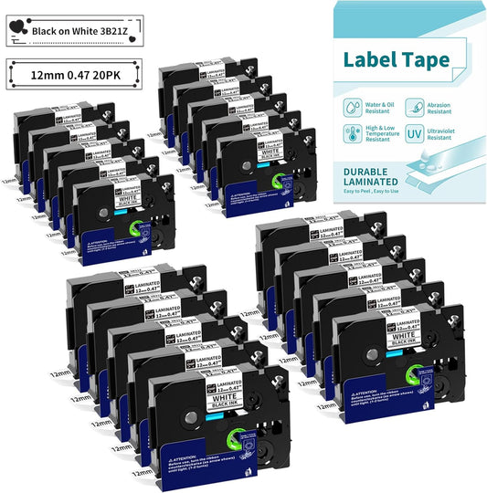 20PK Tz Tape 12mm 0.47 Laminated White for Brother Label Makers