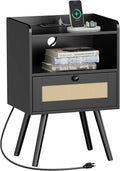 SUPERJARE Nightstand with Charging Station and Rattan Drawer - Black