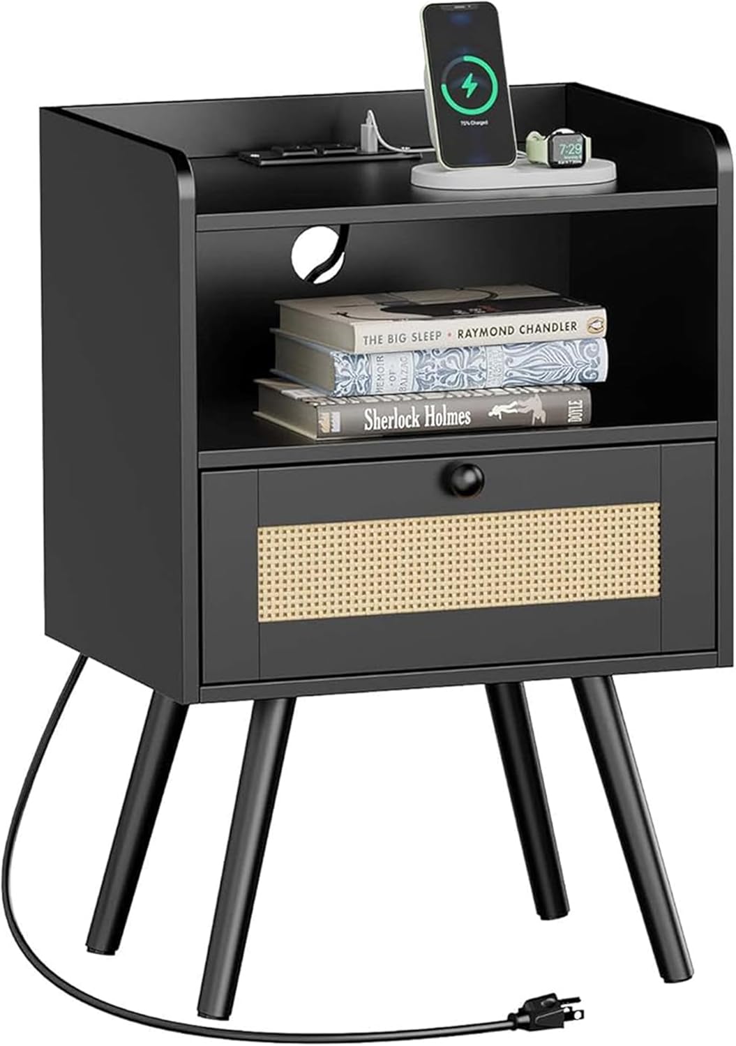 Rattan Nightstand with Charging Station for Modern Bedrooms