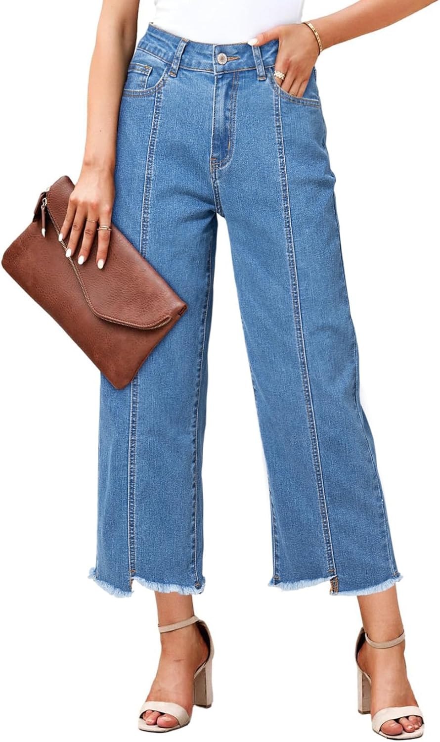 High Waisted Wide Leg Loose Fit Straight Leg Cropped Jeans