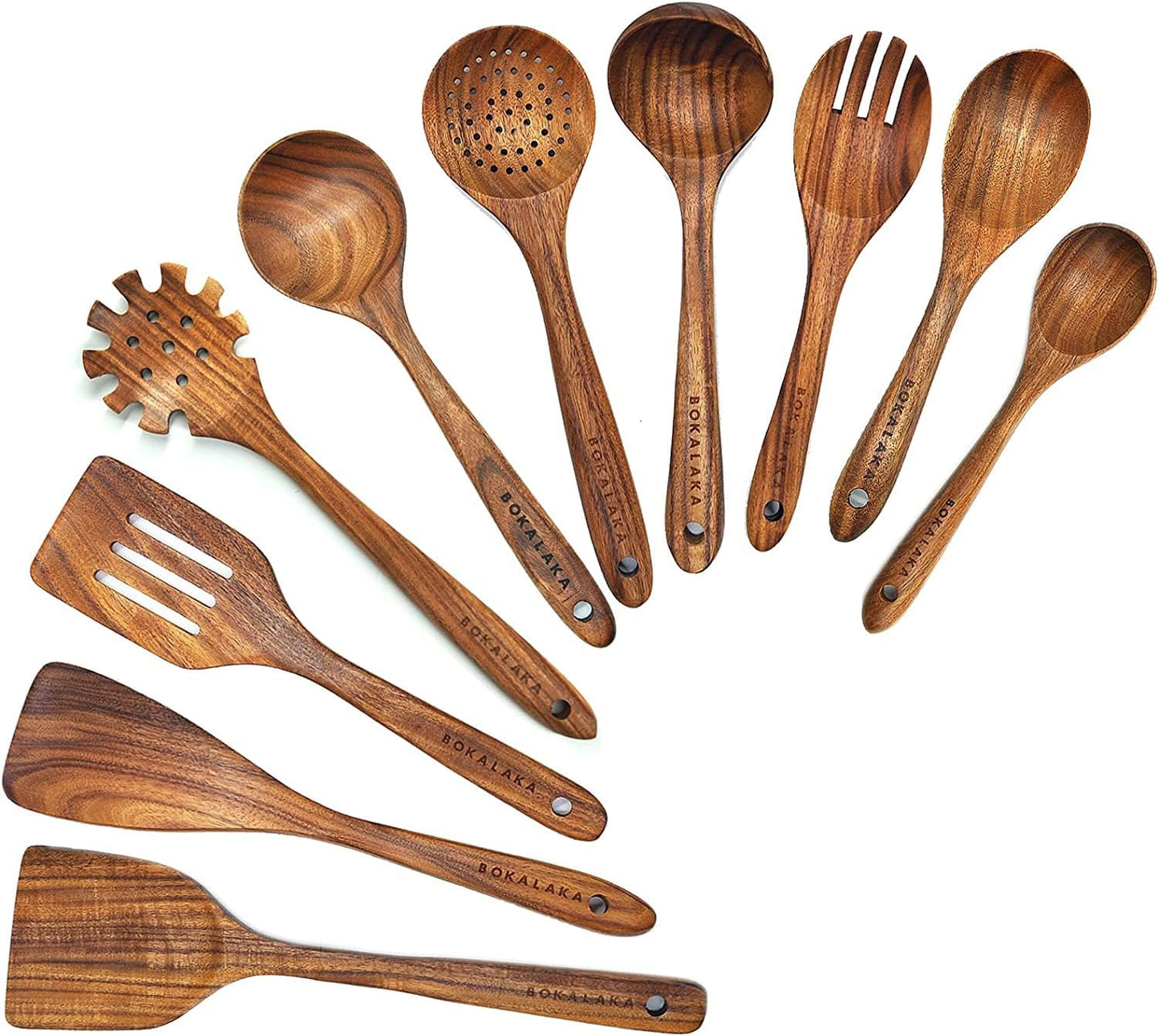 Natural Teak Wooden Spoons for Cooking - 10 Pcs Kitchen Set