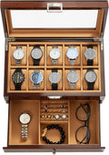 10-Slot Wooden Watch Box with Drawer - Glass Lid Display
