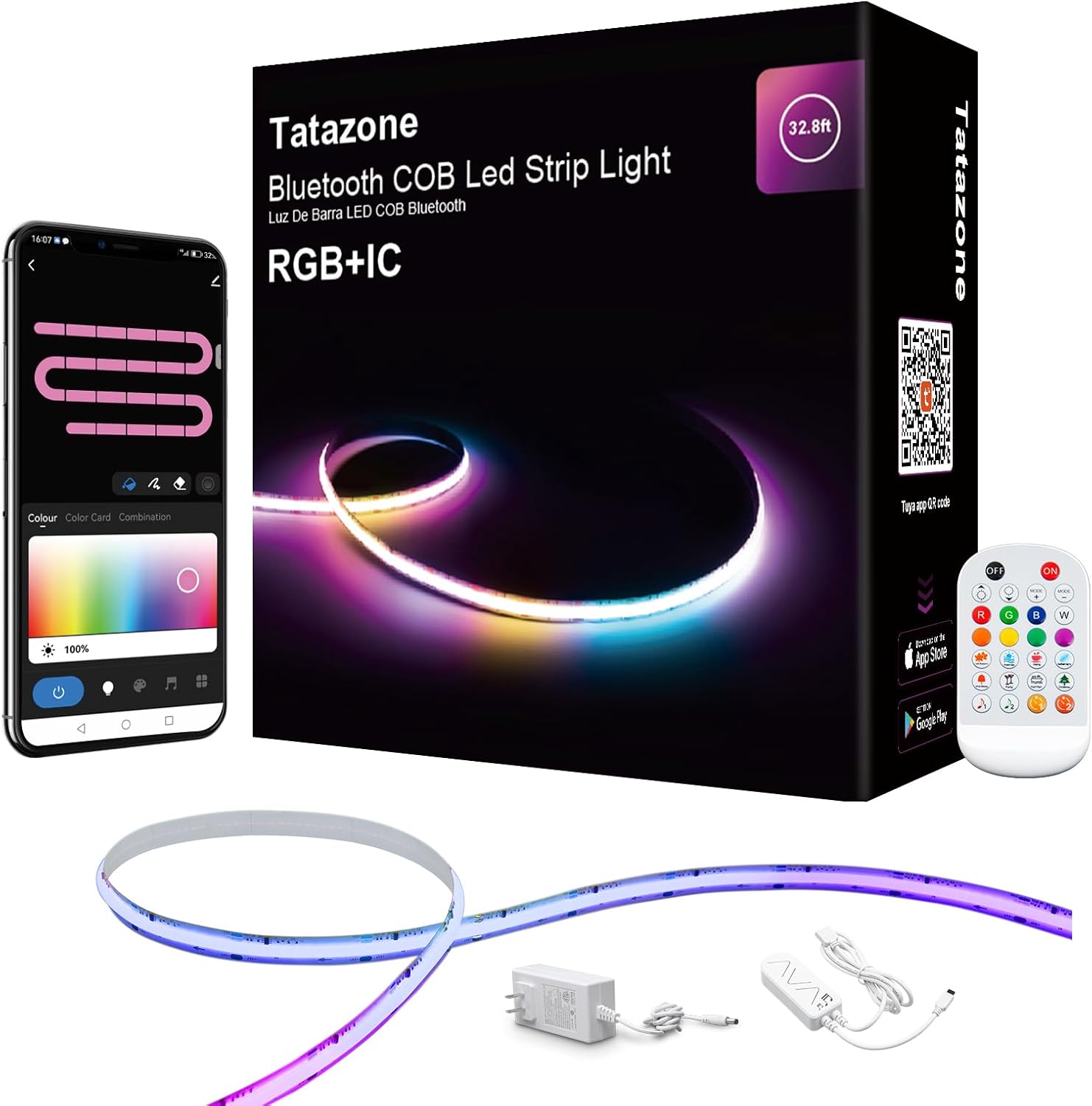 32.8ft Bluetooth RGB+IC COB Led Strip Light for Home Decor