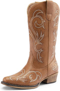 Women's Mid Calf Cowboy Boots with Embroidery - Retro Square Toe