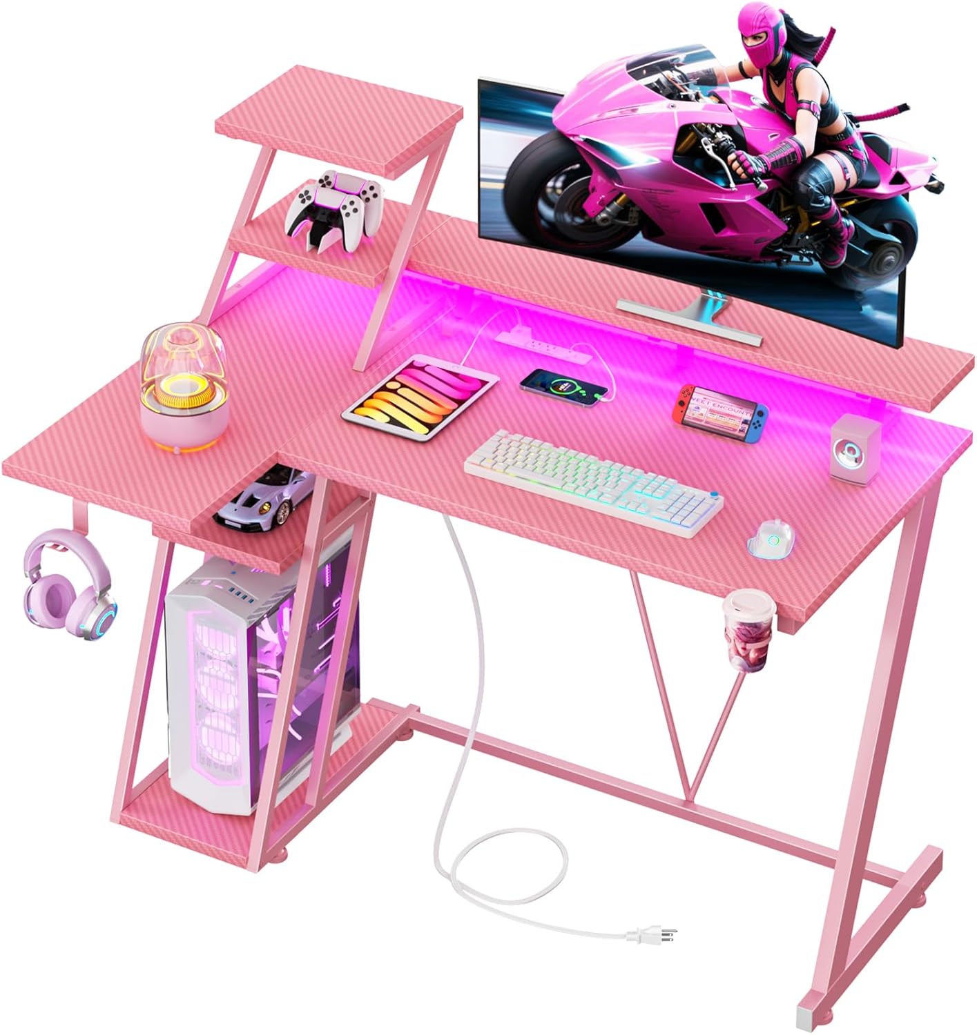 40 Inch Pink Gaming Desk with LED Lights & Power Outlet Features
